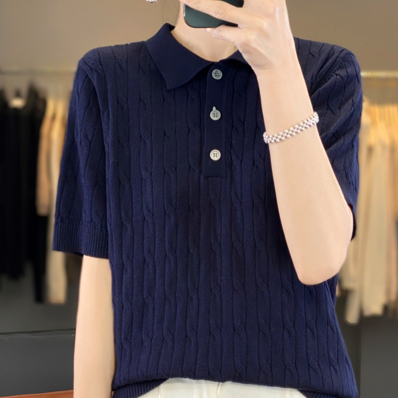 经典麻花POLO领2025年春季套头短袖针织衫