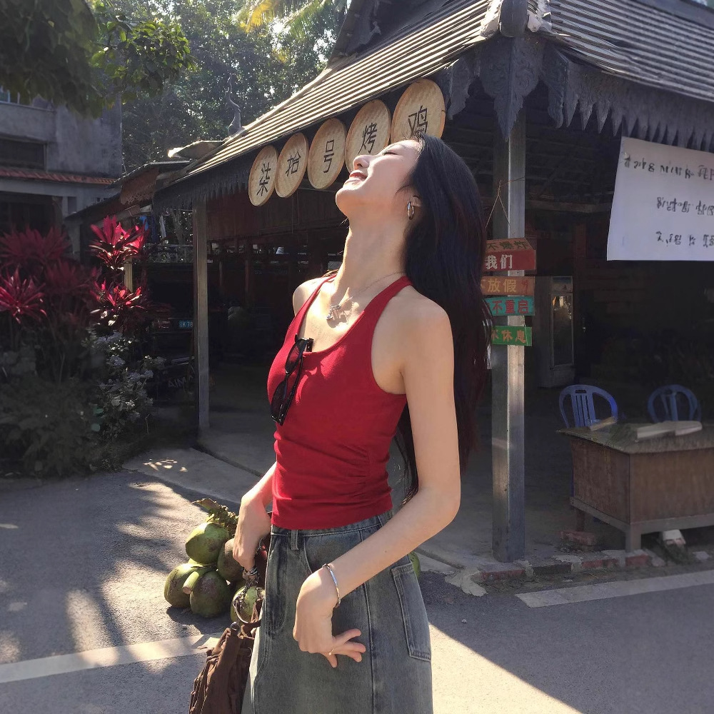 红色带胸垫吊带背心女外穿夏季辣妹性感修身显瘦工字短款上衣