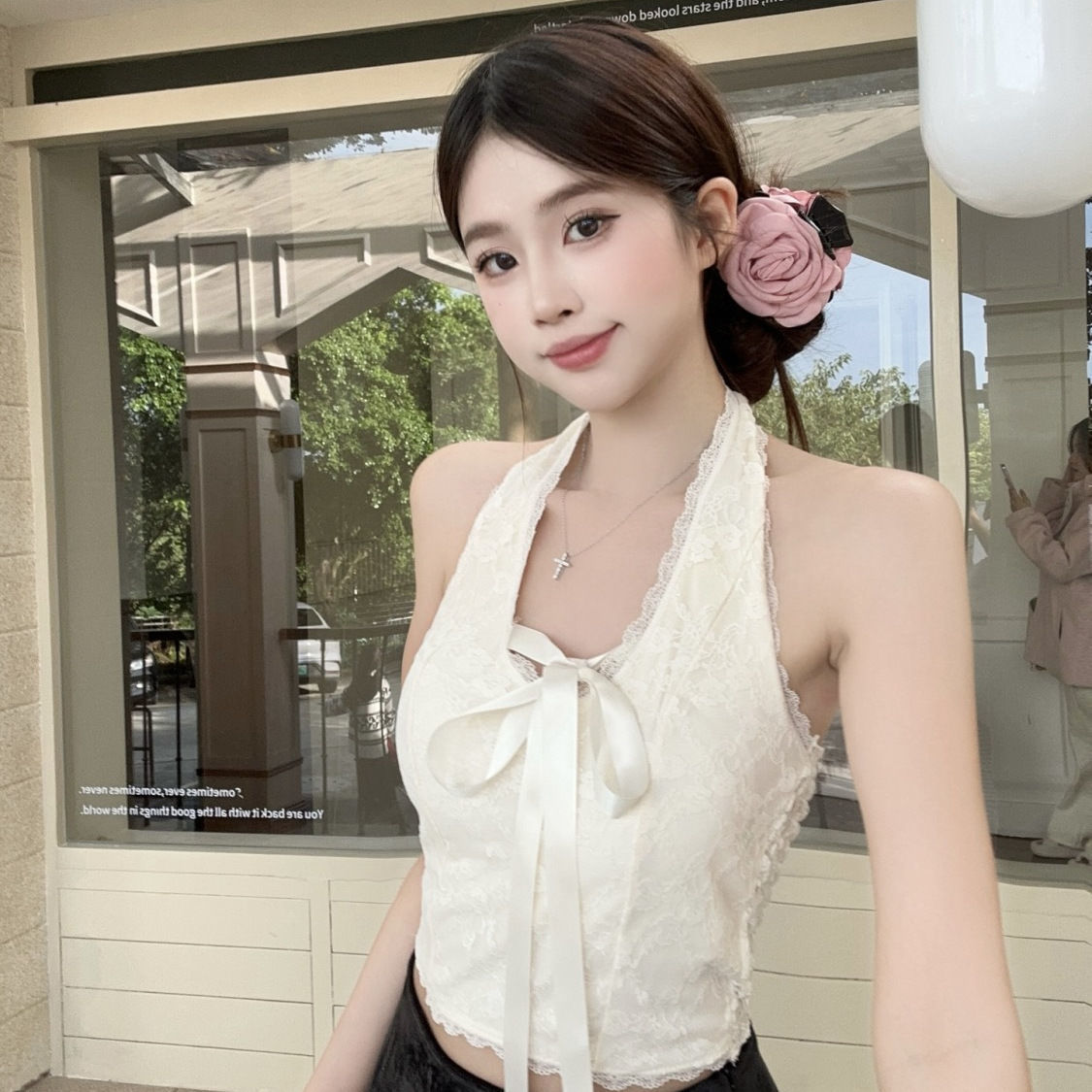 纯欲风蕾丝花边挂脖露背吊带背心带胸垫露脐修身显瘦性感百搭上衣