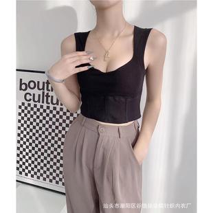 抹胸美背上衣 方领露锁骨带胸垫无袖 背心女 韩版 复古外穿百搭短款