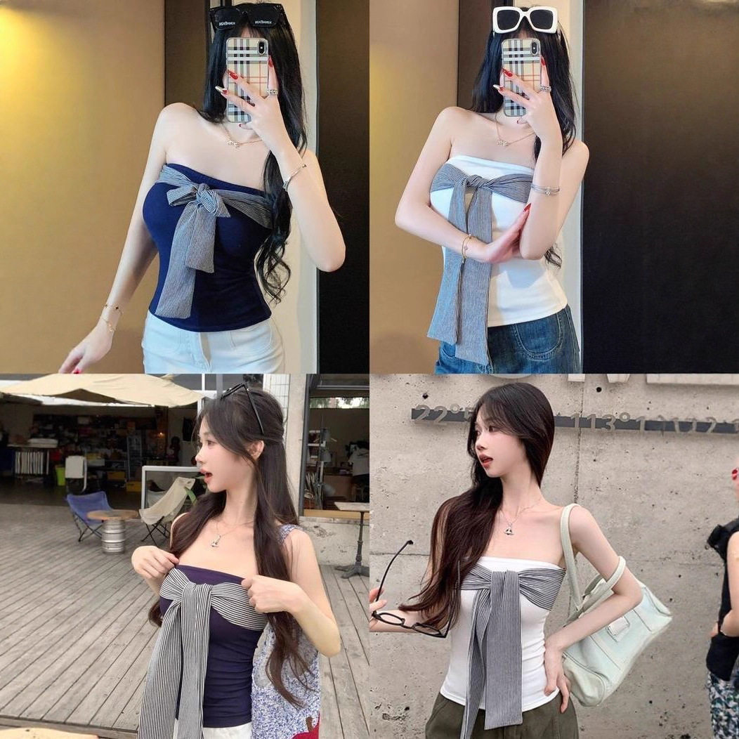 设计感条纹绑带拼接露背背心百搭