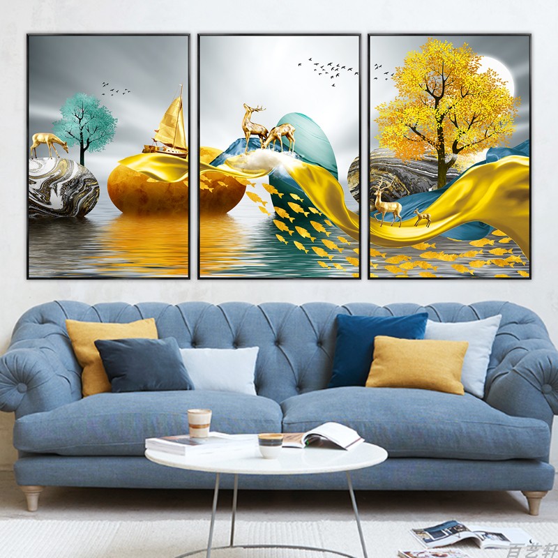 北欧客厅自粘装饰画三联画麋鹿沙发背景墙贴画现代简约壁画抽象画图片