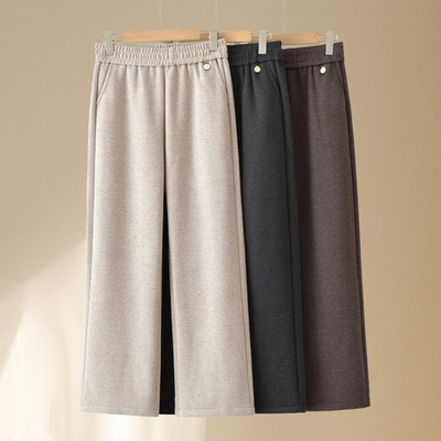 恒源祥妈妈裤子春装休闲阔腿直筒裤中老年女士松紧腰春秋毛呢裤今