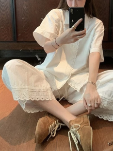 套装 all 休闲裤 长绒棉落肩上衣＋宽松直筒花边蕾丝衬衫 white