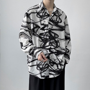 精品 个性 新款 2025春秋青少年港风潮流时尚 水墨涂鸦衬衫 上市