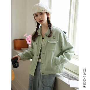 绿色刺绣牛仔外套女春秋2026新款复古港风宽松百搭设计感夹克上衣