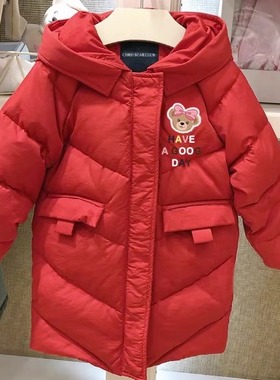chris童装25冬新款女童时尚保暖羽绒服中长款休闲连帽羽绒服洋气