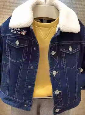 chris童装26冬新款男童牛仔加绒外套中大童儿童翻领加厚外衣洋气