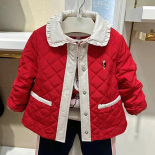 休闲百搭外套保暖 女童红色薄棉服中大童装 chris童装 2025春秋新款