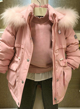 chris童装25冬新款女童中长款大毛领羽绒服中大童加厚羽绒服外套