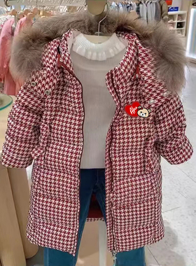 chris童装2026冬季新款女童中长款千鸟格保暖羽绒服儿童休闲外套