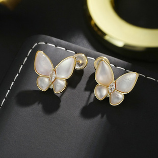 S925纯银天然贝母蝴蝶耳钉女轻奢小众高级感耳环耳饰2025新款爆款