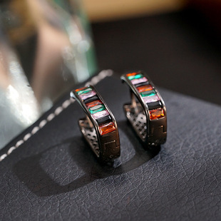 纯银彩锆方形耳扣耳环女复古流苏轻奢风小众感时尚百搭饰品