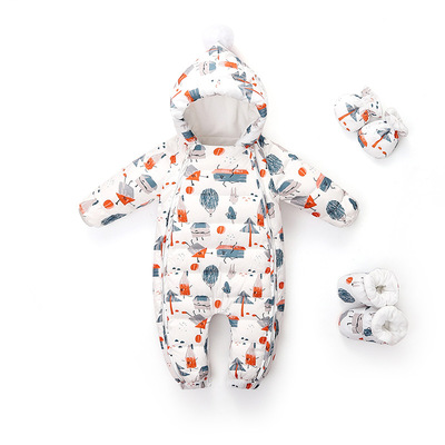 新婴儿羽绒服连体衣新生儿加厚外出抱衣男女宝宝加绒卡通哈衣爬服