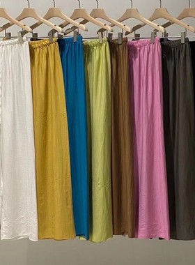 RUMIRU推荐垂感轻薄亮色宽松透气丝滑松紧抽绳直筒阔腿拖地休闲裤