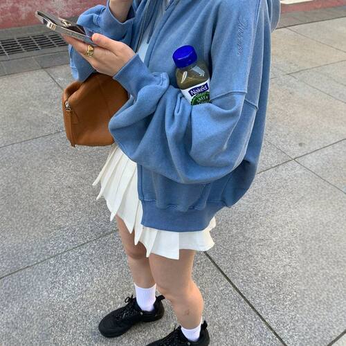 SR 纯棉水洗做旧刺绣连帽卫衣女秋季休闲拉链开衫外套ribbonb*t
