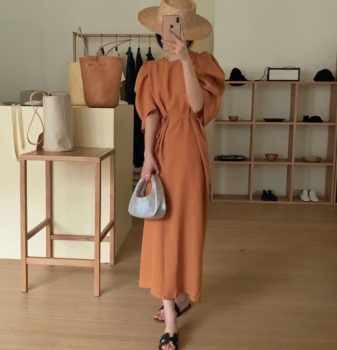 kinghsing素描韩国通勤立体灯笼袖褶皱设计系带垂感开叉连衣裙