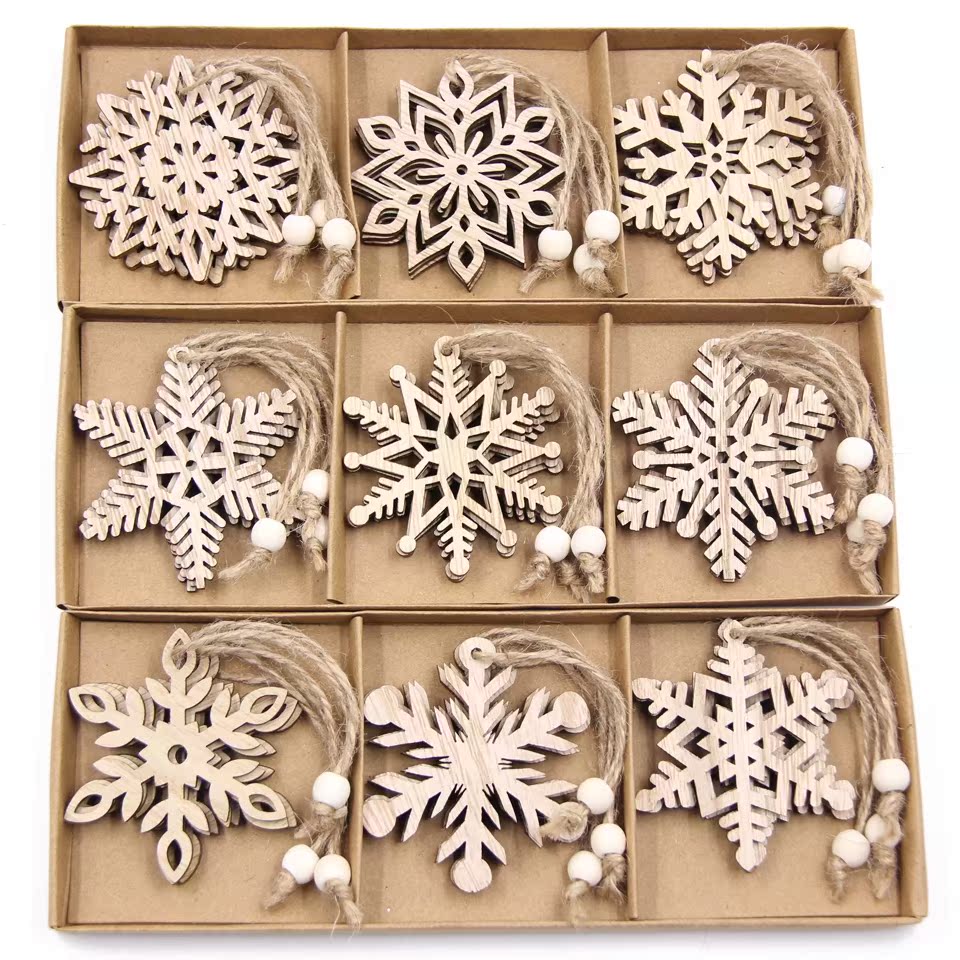 Box Vintage Snowflake Christmas Wooden Pendants Orname跨境口