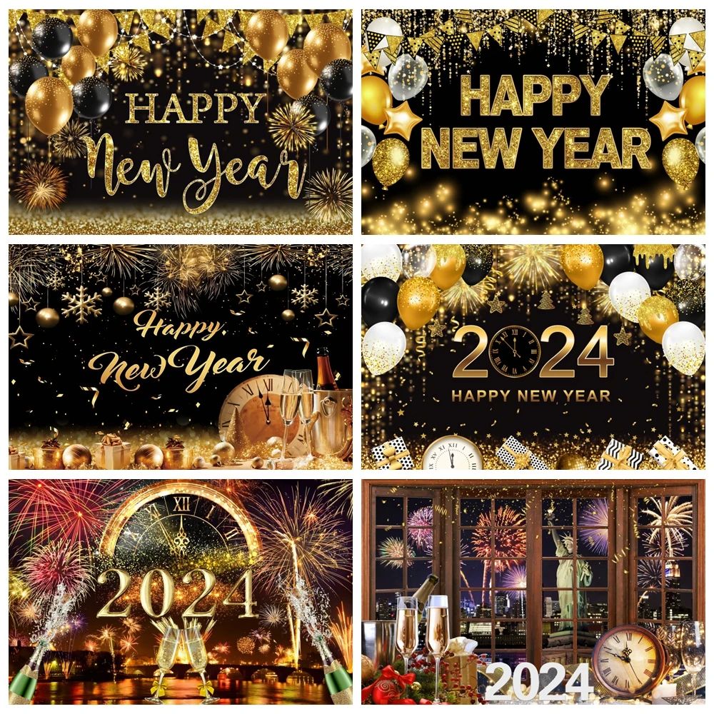 Happy New Year Backdrop for 2024 Firework Champagne