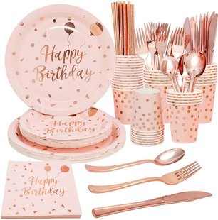 Happy Birthday Decorations Rose Gold dot Disposable Tablewar