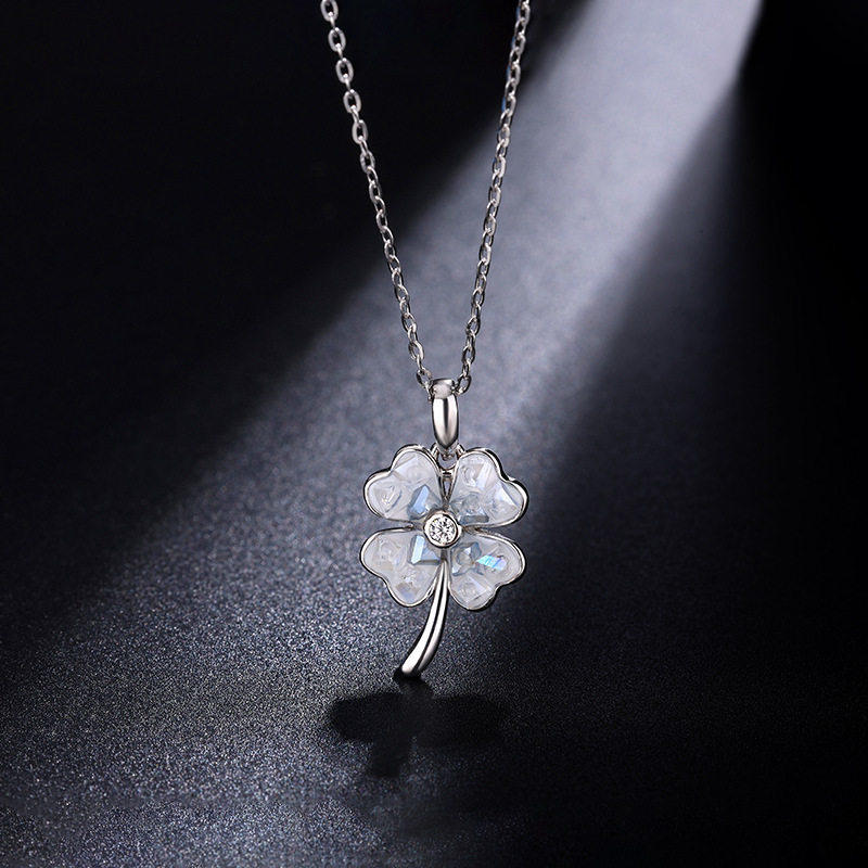 S999纯银四叶草之恋项链女蓝色原创冰晶幸运花颈链小众叠戴锁骨链