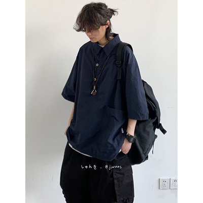 cityboy日系复古多口袋工装短袖衬衫男女休闲宽松机能衬衣POLO衫