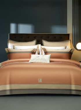 LOOPSLOVE高端140支长绒棉刺绣床盖款裸睡四件套贡缎拼色橙色床品