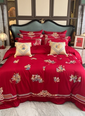 高端大红色喜被结婚四件套高档百子刺绣被套陪嫁女方婚庆床上用品