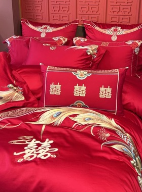 床上四件套红色婚庆100支长绒棉 全棉刺绣轻奢被套新婚高级感床品