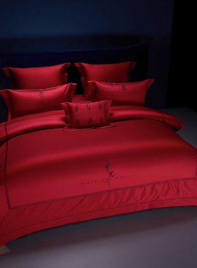高端140s长绒棉西式婚庆四件套红色婚礼床单被套结婚婚嫁床上用品