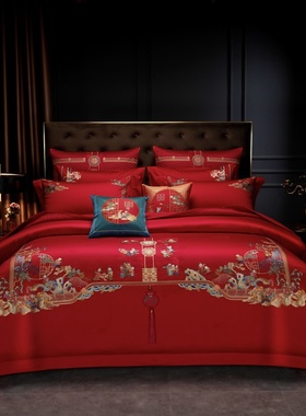 重磅刺绣被套140s匹马棉结婚四件套红色婚礼婚庆百子图床上用品