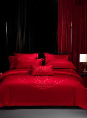 新中式红色120支天丝棉婚庆四件套重工高端刺绣结婚陪嫁床上用品4