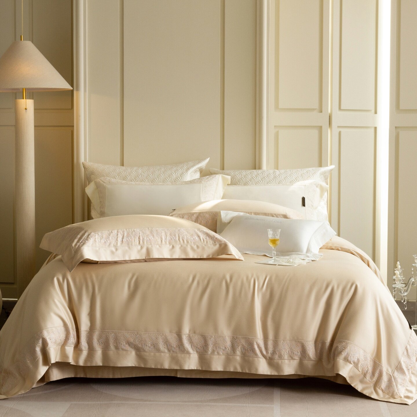 LOOPS LOVE轻奢天丝棉磨毛四件套裸睡丝滑刺绣拼角床上用品高级感