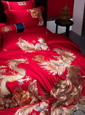 高级感中式婚庆床上用品红色喜庆龙凤刺绣被套结婚高端婚礼四件套