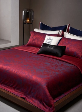 160支进口匹马棉色织提花高端西式婚庆四件套红色高级感结婚床品4