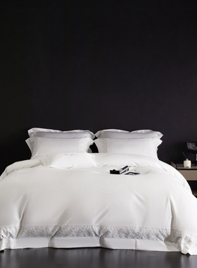 轻奢风120支长绒棉高品质四件套 高级感全棉纯棉刺绣被套白色床品