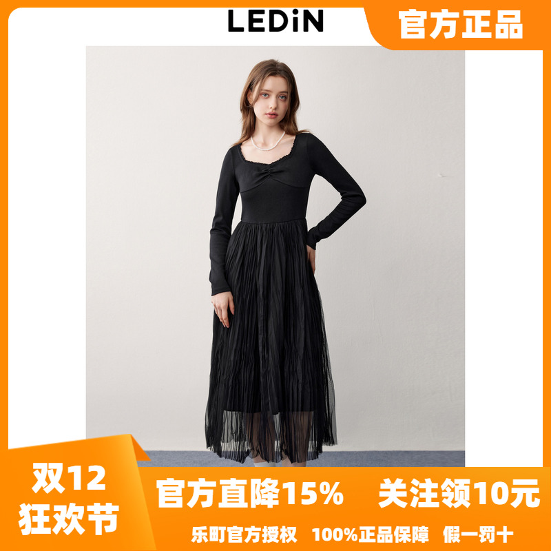 乐町芭蕾风吊带连衣裙秋季新款针织拼接网纱裙仙女感小黑裙