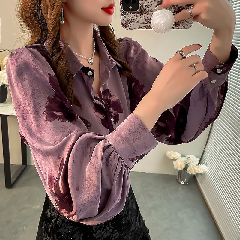 独特漂亮法式小衬衫显白紫色印花衬衣宽松设计感灯笼袖春装上衣女