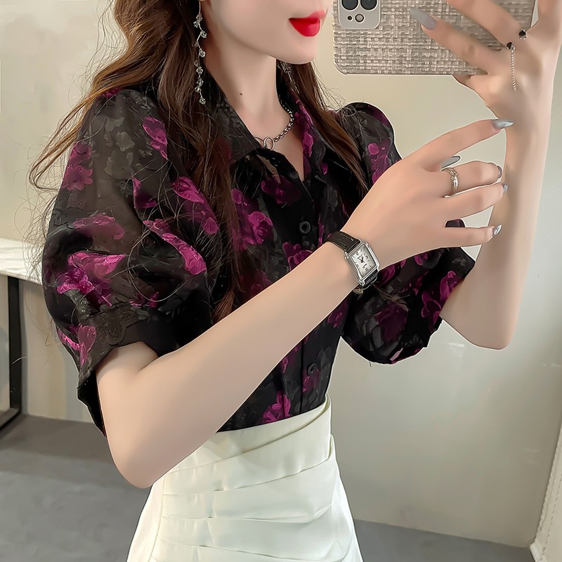 甜美显白刺绣缇花衬衫女夏薄款