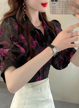 甜美显白刺绣缇花衬衫女夏薄款短袖衬衣高级感显瘦泡泡袖雪纺上衣
