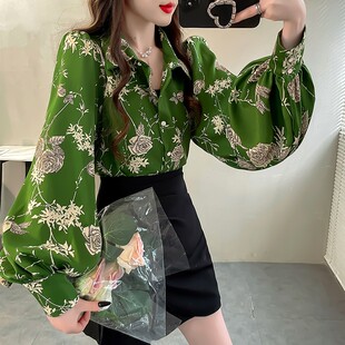 衬衣显瘦灯笼袖 春季 2025新款 女款 雪纺上衣仙 绿色复古印花翻领衬衫