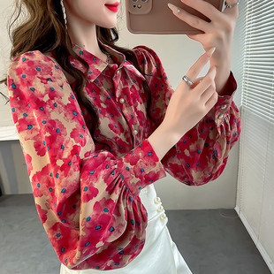 韩版长袖碎花雪纺衫仙衬衣女宽松灯笼袖女上衣粉色衬衫秋冬打底衫