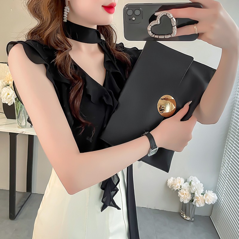 夏季显白黑色荷叶边V领系带衬衫