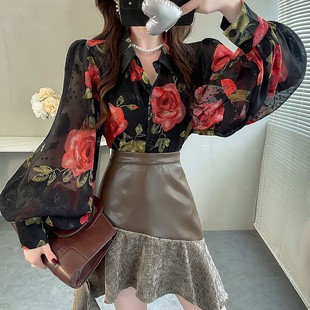 独特漂亮小衫 衬衣刺绣印花女士雪纺上衣显瘦灯笼袖 复古新中式 秋季