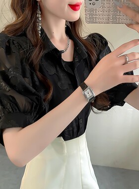 韩版轻奢刺绣缇花泡泡短袖衬衫上衣女显瘦气质名媛翻领雪纺衬衣夏