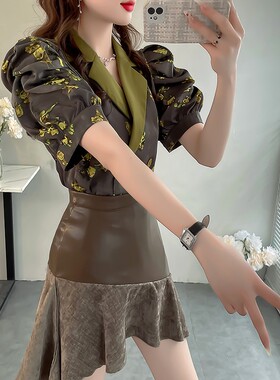 夏季通勤双排扣西装领衬衫上衣女宽松复古印花泡泡短袖雪纺衫衬衣