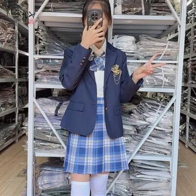 圣研高西装JK制服女学院风三粒扣原创灰色黑色绀西服咩啊格裙套装
