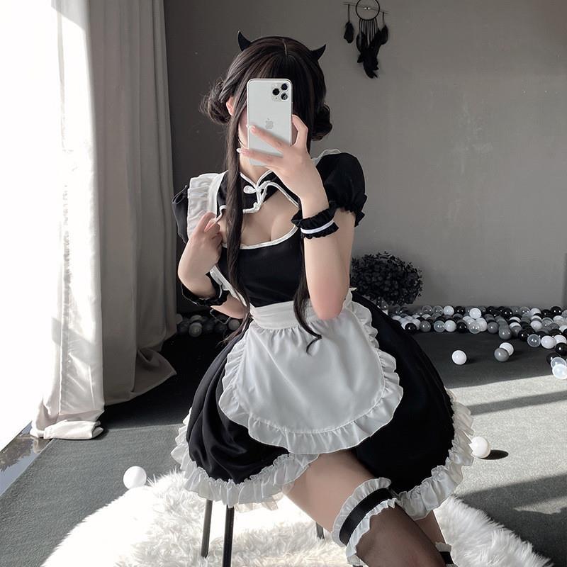 跨境黑白中国风纯欲甜心旗袍女仆装中华风服装cosplay演出服大码