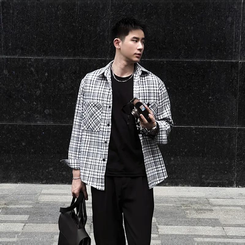 秋季新款小香风休闲长袖设计感格纹上衣工装潮流宽松衬衫男款外套