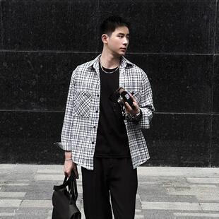 新款 男款 小香风休闲长袖 潮流宽松衬衫 外套 设计感格纹上衣工装 秋季